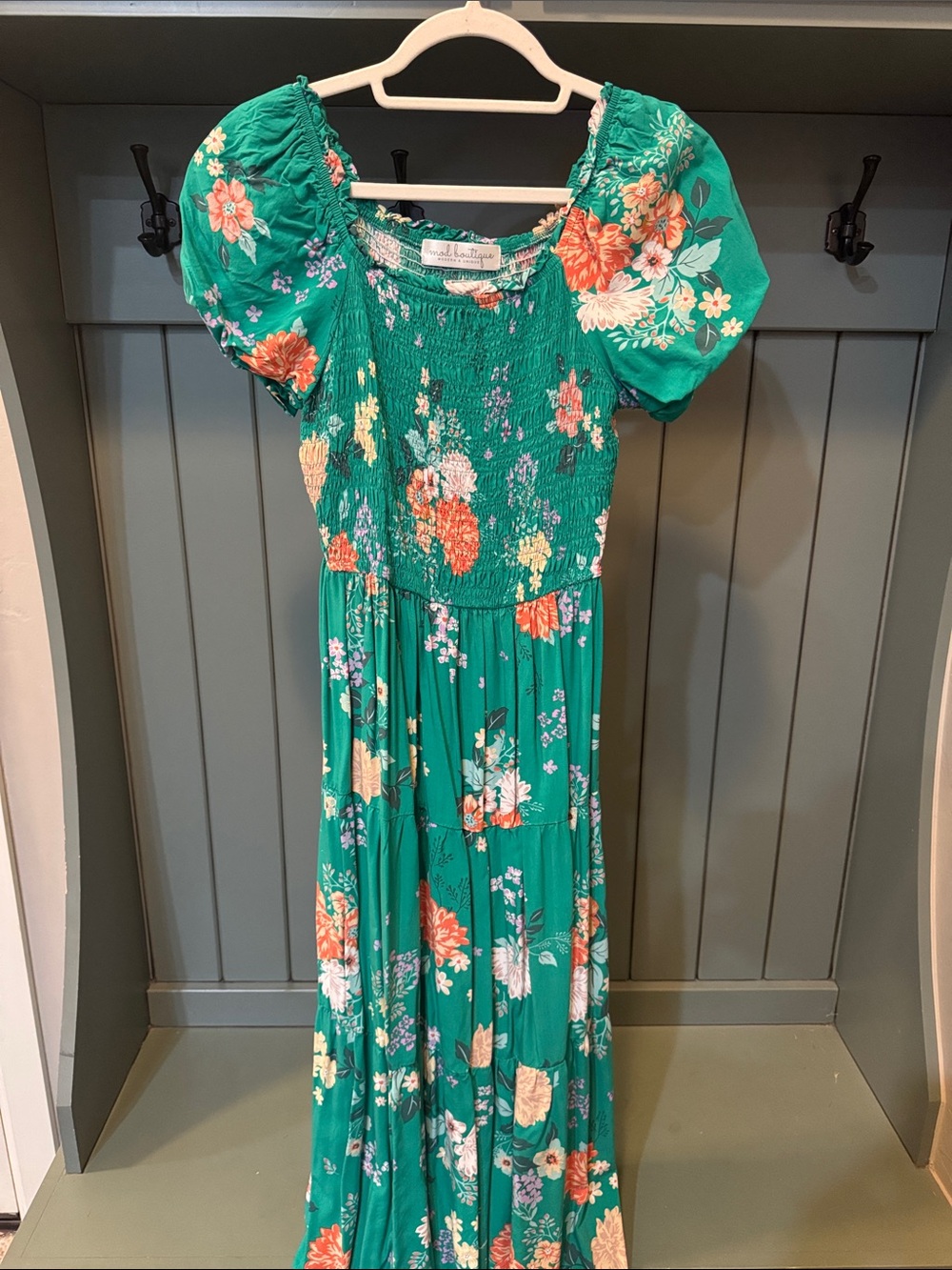 Green Floral Midi Dress with Puff Sleeves